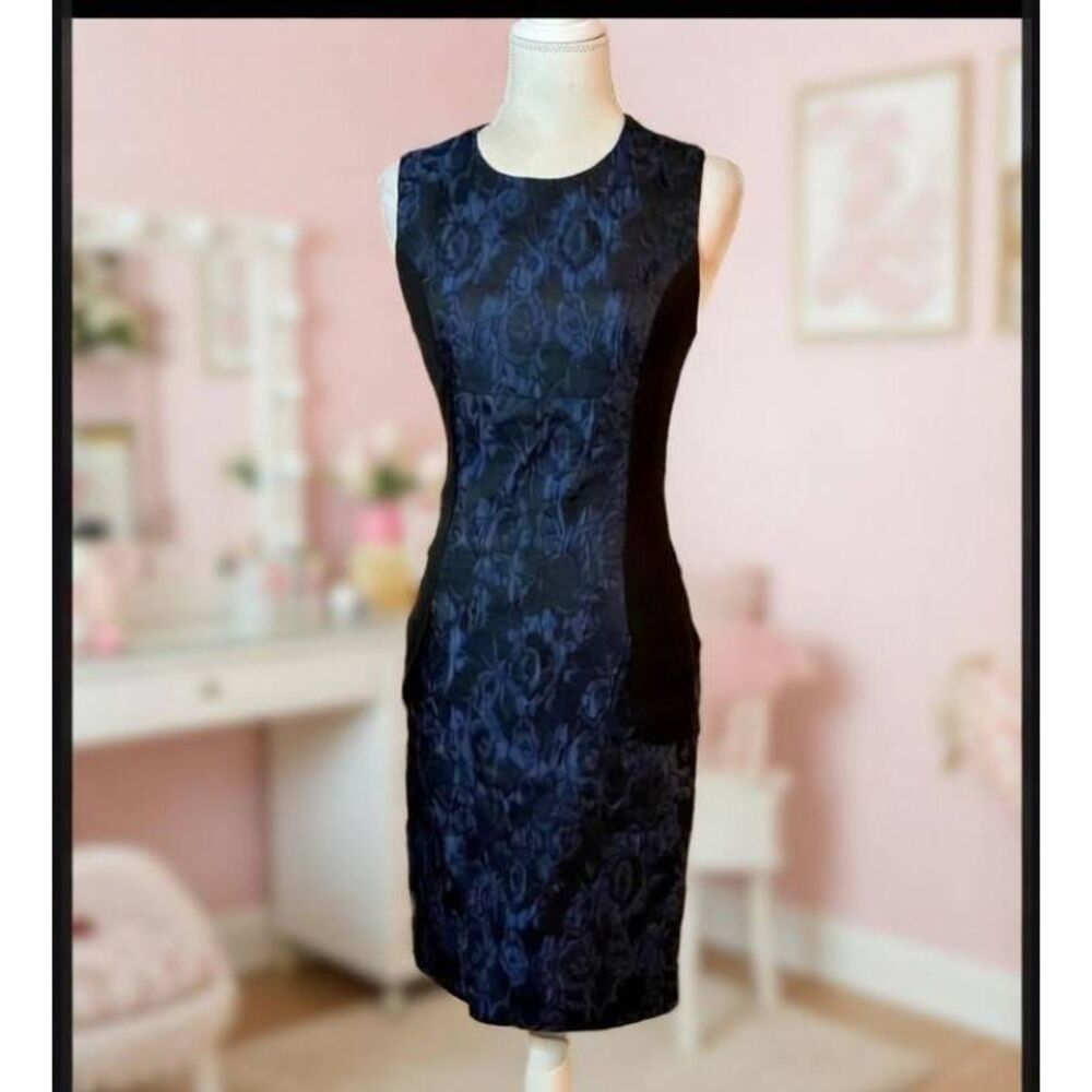 Daniela Corte designer blue floral sheath dress midi length size 8